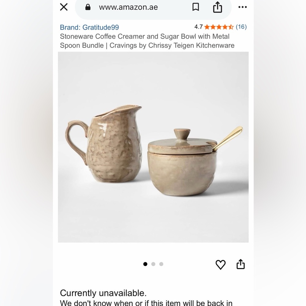Sold out - rare- Stoneware Coffee Creamer and Sugar Bowl with Metal Spoon Bundle
